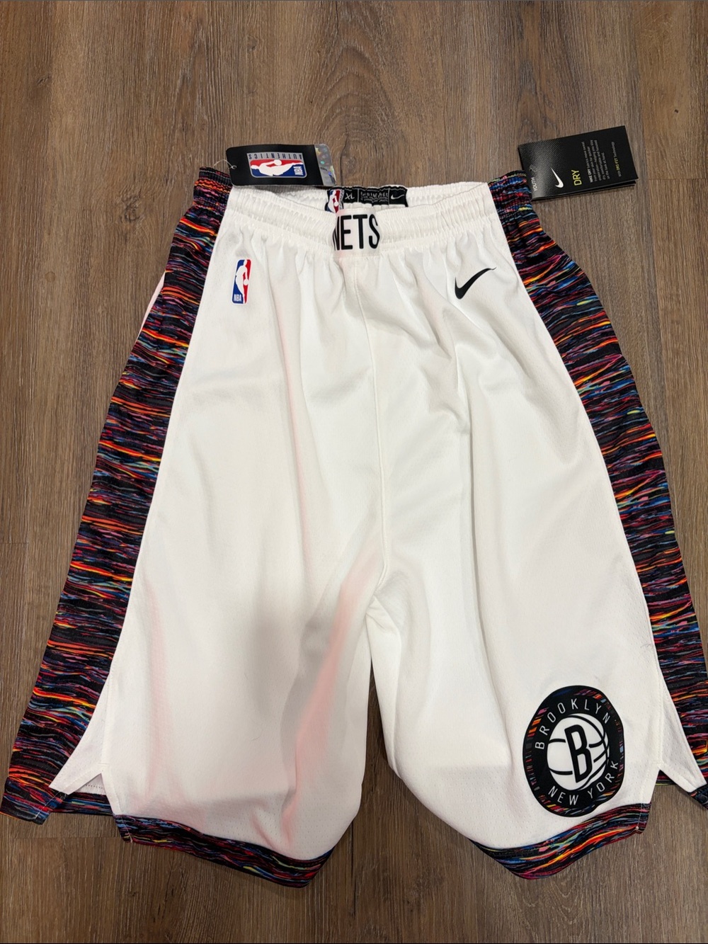 Nike White Kids Brooklyn Nets Shorts with Multicolor Side Panels NWT